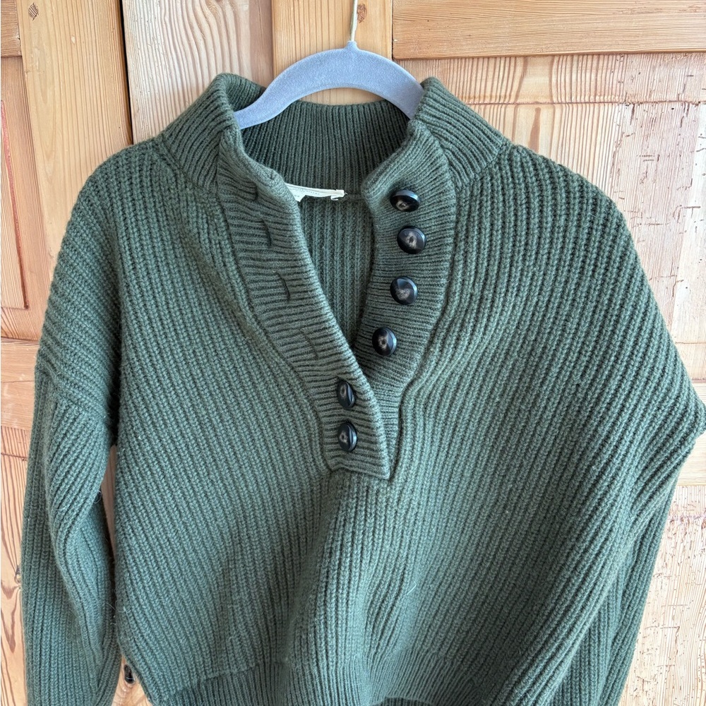 Sezane Forest Green Cowl Neck Button Down Sweater